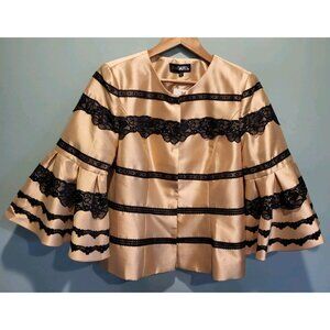New Gold Satin Black Lace 3/4 Bell Sleeve Snap Up Jacket Blazer Sz L Event